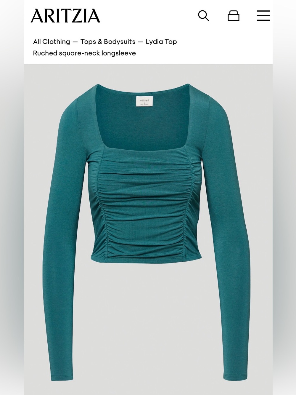 Aritzia Wilfred Ruched Square-Neck Long Sleeve Crop Top — Teal